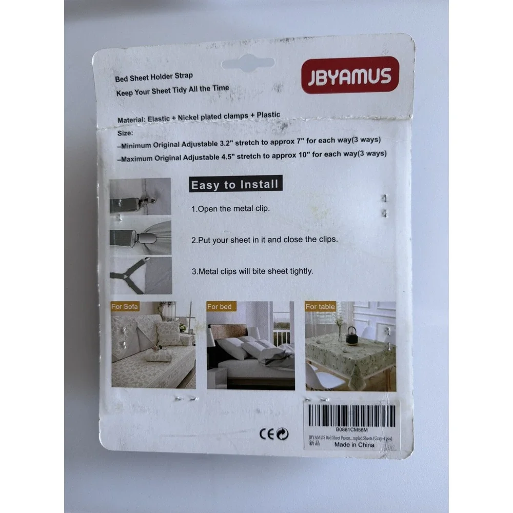 NEW JBYAMUS (4) Gray Bed Sheet Fasteners, Sofa, Table , Bed, New In Box